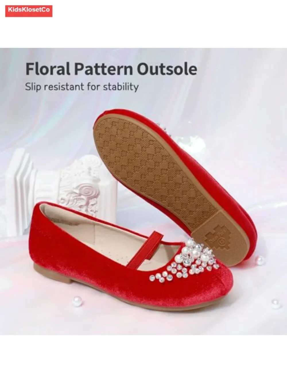 Girls Ballet Flats Mary Jane Dress Shoes Pearl Rhinestone Slip-On Party Wedding